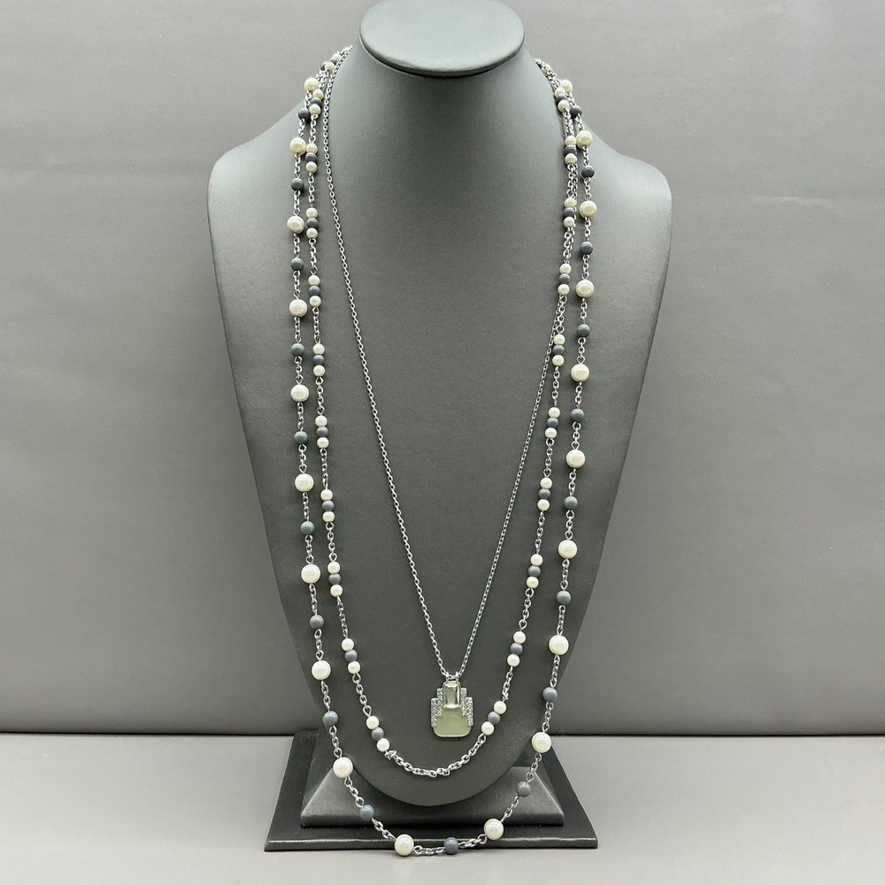 Lia Sophia Necklace Faux Pearl Gray Beaded Layered Pendant Silver Tone 24-26"